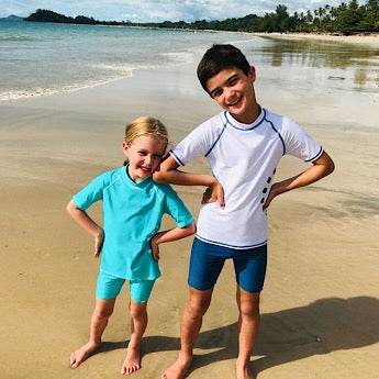 Turquoise/ white short-sleeved rash top (zipped)